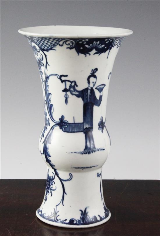 A Worcester Telephone Box pattern blue and white beaker vase, c.1765-70, 7.75in., foot chipped